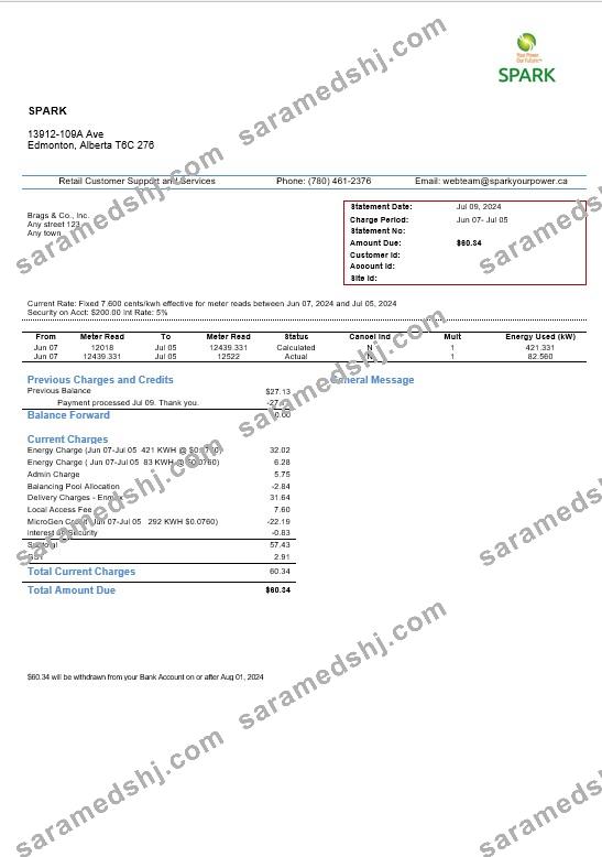 Canada Alberta Spark business utility bill template in Word and pdf formats